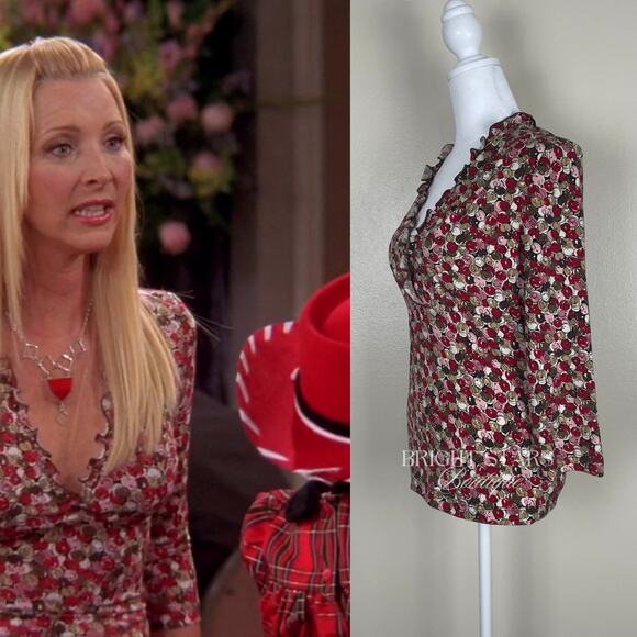 Rare Vintage Pink Print Top ASO Phoebe Buffay Friends V-Neck Faux Wrap Y2K - Picture 3 of 11